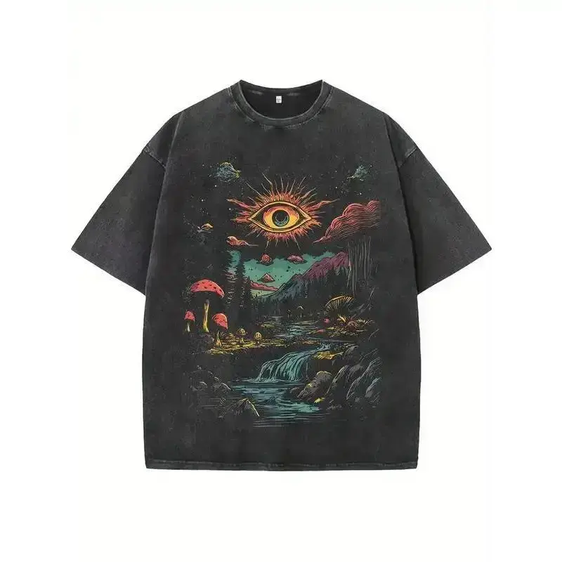 Neutral retro pattern - Bohemian style T-shirt, soft and breathable cotton shirt, decorated with surreal fantasy eye patterns (eyeballs in the swamp / eyes among the pine trees), deep black T-shirt, suitable for everyday casual wear and themed parties