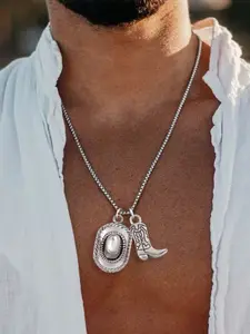 Western Cowboy Boot Hat Pendant Men's Necklace, Simple Classic Silver Color Stainless Steel Chain, Men's Fashion Jewelry