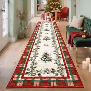 Christmas Long Hallway Rug, Christmas Tree Plaid Mat, Retro American Style Scottish Tartan Carpet, Boho Runner Rug, Pet Friendly Non-Slip Soft Comfortable