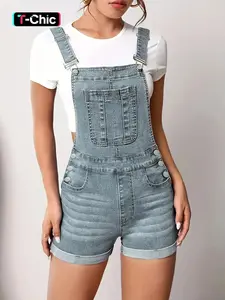 Women's Solid Color Button Fly Stretchy Denim Overalls, Casual Chic Comfy Skinny Fit Overalls for Daily Wear, Everyday Ladies Clothes for Summer