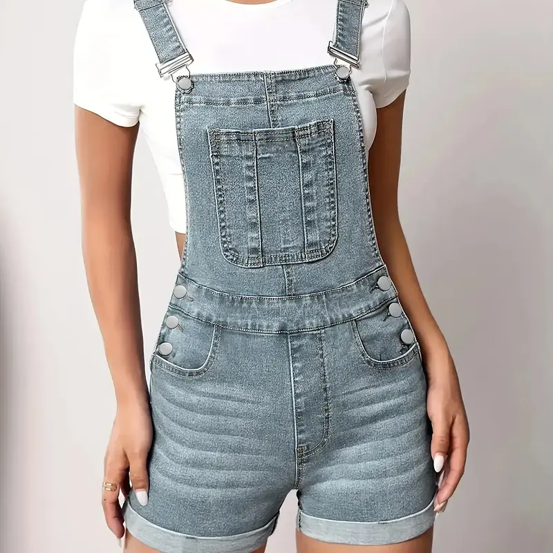 Women's Solid Color Button Fly Stretchy Light Wash Denim Overalls, Casual Chic Comfy Sleeveless Skinny Fit Romper for Daily Wear, Summer Clothes, Everyday, Button Fitted Romper