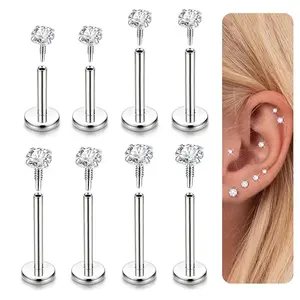 8pc Non-Tarnish Stainless Steel Long-Threaded Internal Thread Zirconia Gemstone Piercing Jewelry, Labret & Ear Bone Body Jewelry, Labret Piercing Jewelry