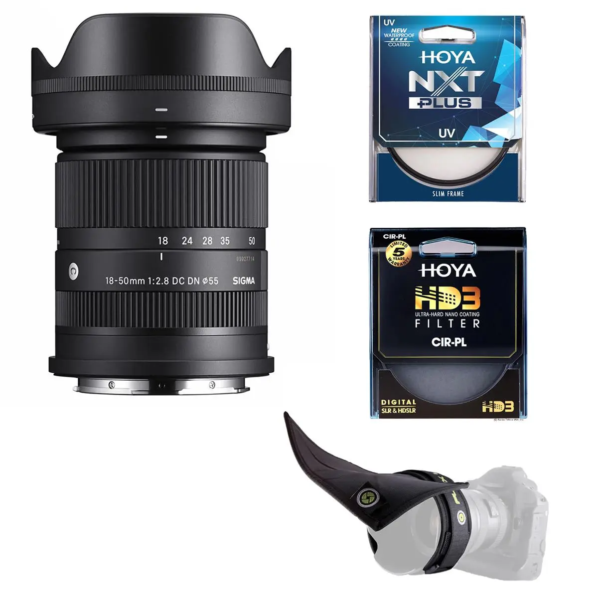 Sigma 18-50mm f/2.8 DC DN Contemporary Lens for Sony E with NXT Plus 55mm 10-Layer HMC Multi-Coated UV Lens Filter, Hoya 55mm HD3 Circular Polarizer Filter and Adjustable Flexible Lens Shade for