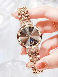 Luxury Women's Diamond Cut Crystal Watch, Casual Trendy Wristwatch, Elegant Stainless Steel Waterproof Moon Star Sun Design, Perfect Anniversary Gift, Elegant Fashion Watch