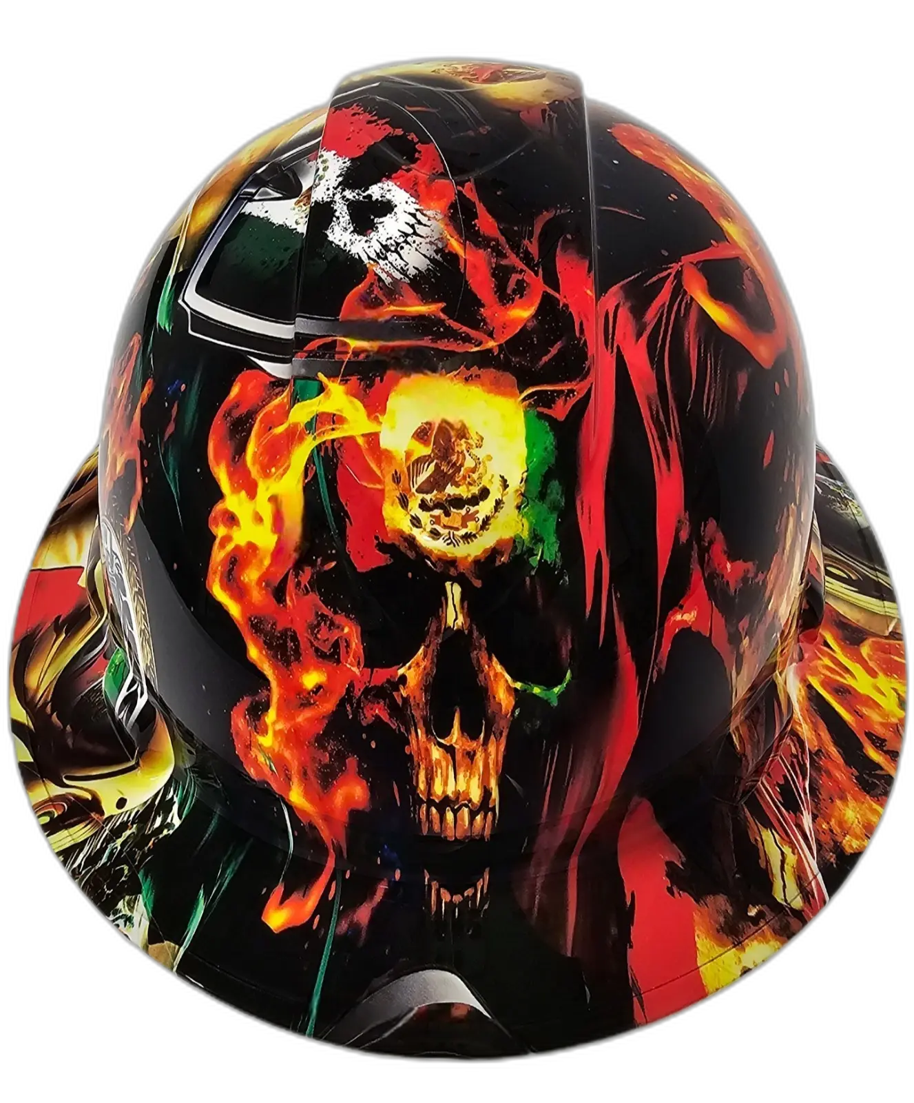 Mexican Flag Flame Skull - Custom Hydro Dipped Full Brim Hard Hat