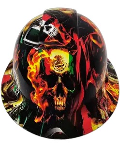 Mexican Flag Flame Skull - Custom Hydro Dipped Full Brim Hard Hat