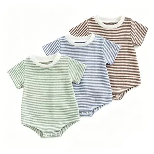 Baby Boy Girl Striped Romper Waffle Short Sleeve Bubble Oversized Bodysuit Summer Clothes