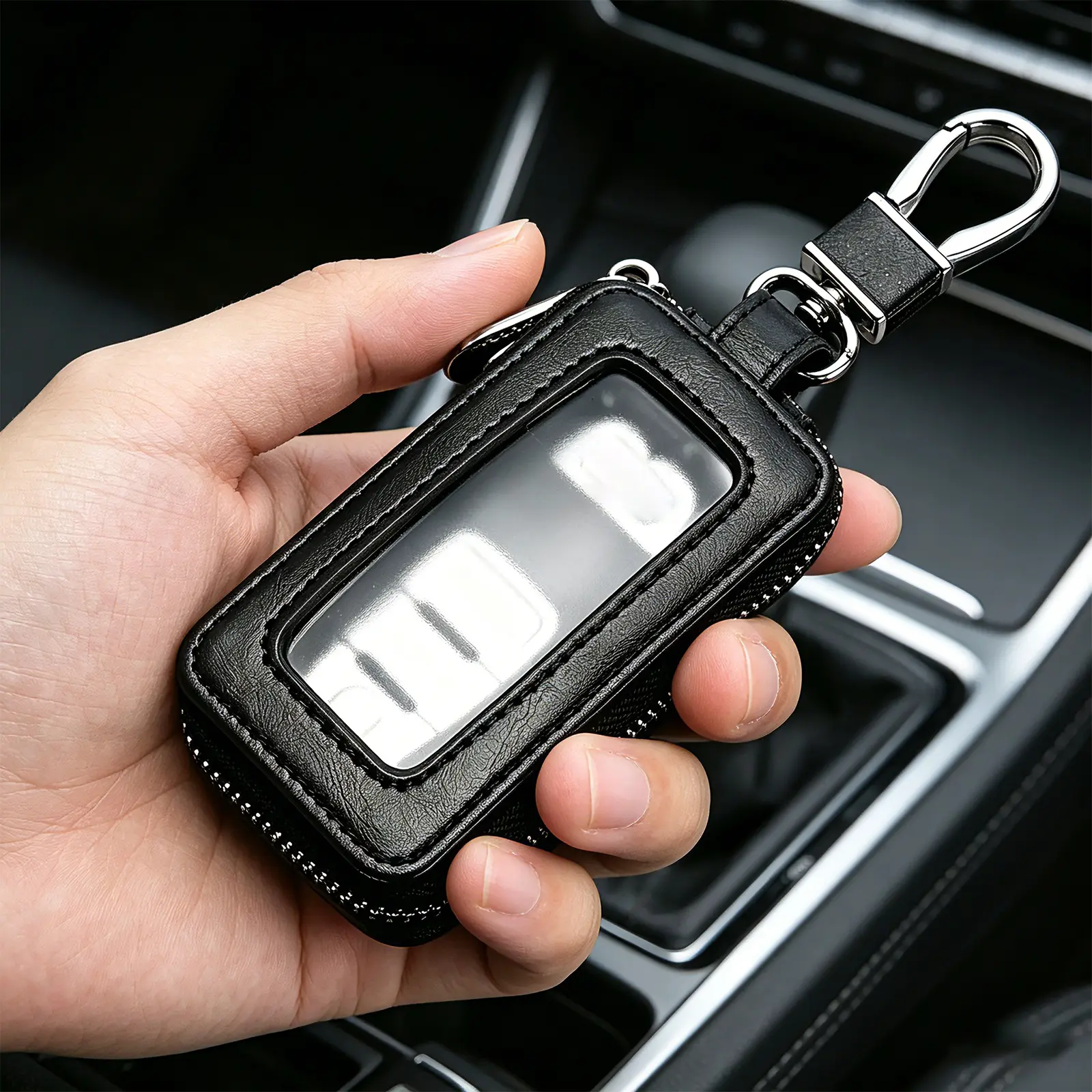 Universal Black Car Key Holder Case, Mirror-Style Zipper Key Case with Key Ring, Modern Fashion Key Pouch for Daily Use