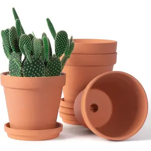 6 inch Terracotta & Clay Pots for  with Saucer, Medium Terra Cotta  Pots with Drainage Hole, Flowerpot with Tray, Terracotta Pot for Indoor Outdoor  - Pack of 4 Planters