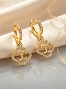 1 Pair Luxury 18K Gold Plated Zircon Four-leaf Drop Earrings - Vintage Double C Dangle Hoops for Women, Hypoallergenic Fashion Jewelry Gift