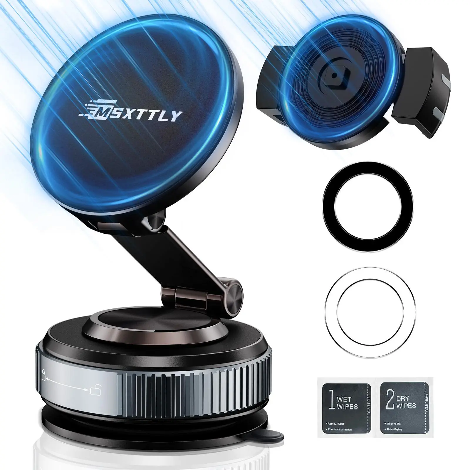 MSXTTLY Vacuum Magnetic Phone Holder for MagSafe, 360° Adjustable Foldable Car Phone Mount with Strong Vacuum Lock, Universal Suction Phone Holder for Car, Gym, Home, Office & Mirror, Compatible with All Smartphones