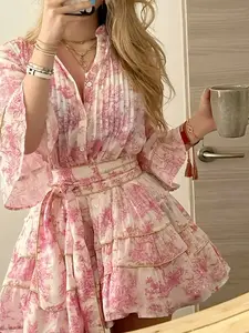 French Vintage Print V-Neck Waist-Tied Tiered Dress, Romantic Flared Sleeve Short Chiffon Dress, Elegant Party Wear