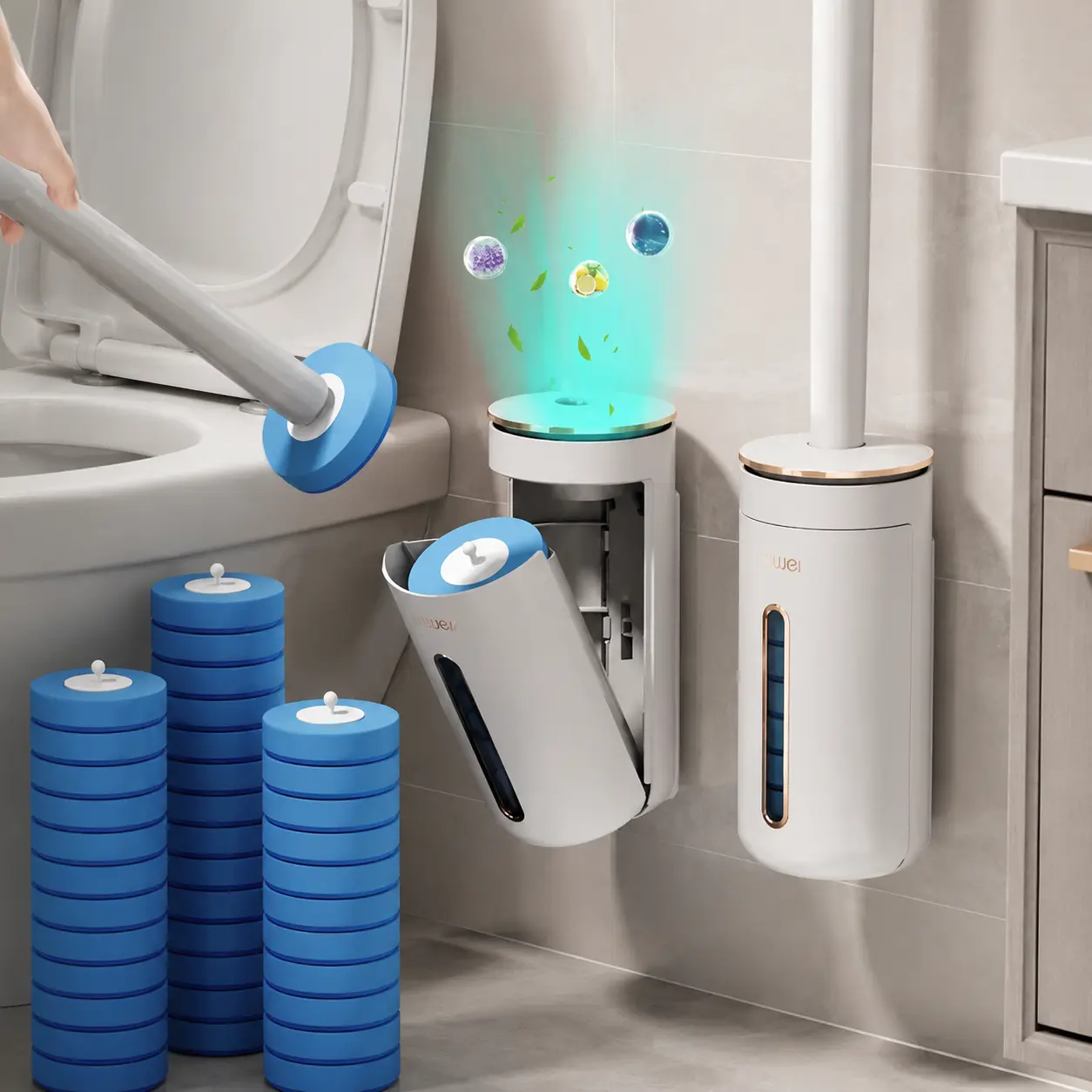 Disposable Toilet Brush Kit System, No-Touch with Disposable Refill Heads（8PCS）, Preloaded Cleaner Removes Stains & Odors, One-Click Replace, Wall-Mounted Space Saver, Hands-Free Bathroom Clean Must-Have, for Home, Apartment, RV & Guest Bathrooms Cleaning