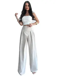 Women's Peach Color High-Waisted Wide-Leg Pants, Summer Thin Flowy Pleated Slim Fit Casual Trousers, Unique Cross Waist Design