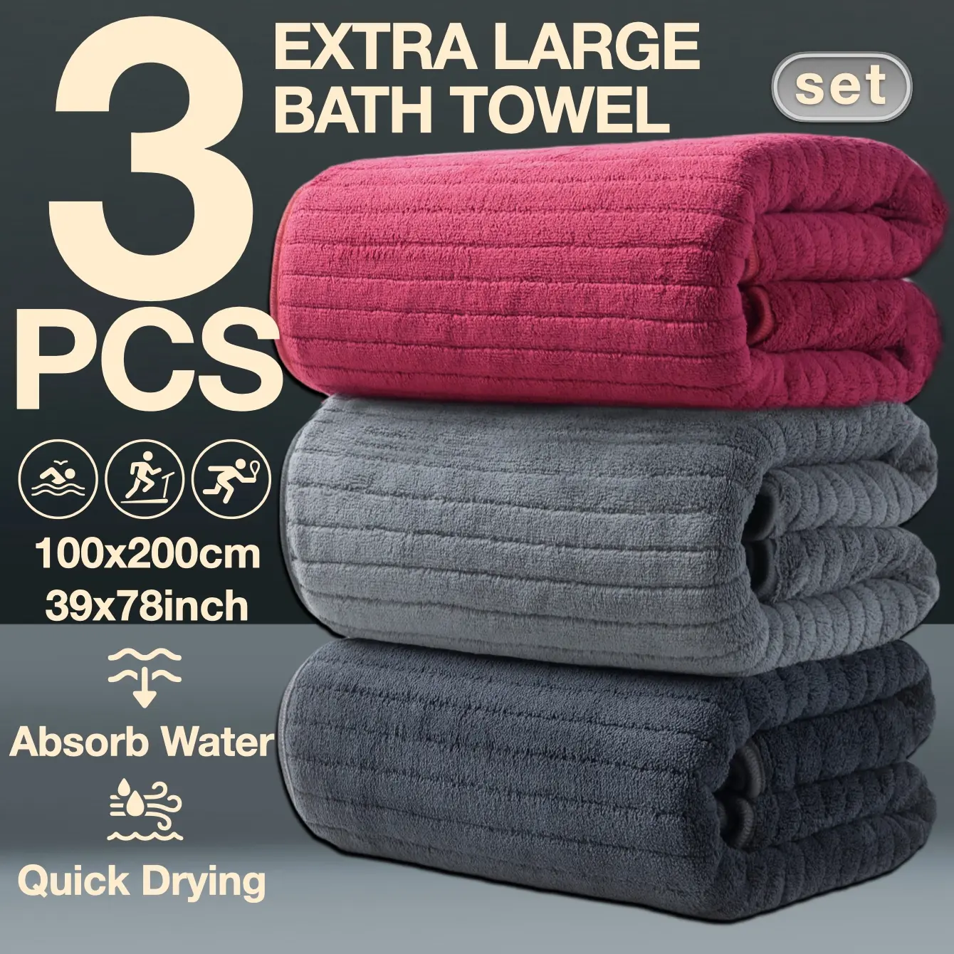 3-Piece Oversized Premium Bath Towels Set, 100x200cm High-Quality Classic Striped, Multi-Color Options, Super Absorbent and Quick-Dry, Suitable for Home Camping Hotel School Community Factory