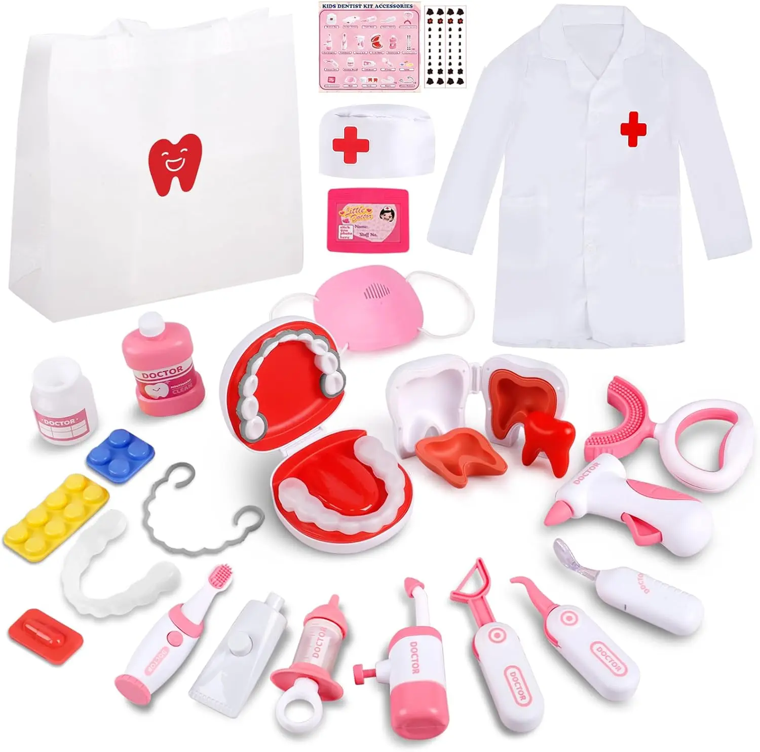 26PCS Kids' Dentist Play Set for Ages 3-8 - Realistic Pretend Dental Toy Kit with Teeth Cleaning Tools and Gadgets, Doctor Costume, Learning Guide, STEM Educational Medical Toys for Boys & Girls