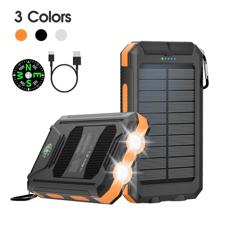 10000mAh Solar Power Bank - Chargeable Solar Battery Charger for Mobile Phones, Smartphones, Hiking & Outdoor Camping, 2 USB & Type-C Ports, IP65 Waterproof, Built-in LED Lamp, Compass, Carabiner, Back to School Tech Accessory