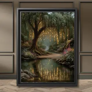 Fantasy Firefly Poster, Vintage Willow Tree Woodland Wall Art, Mystical Enchanted Forest Print, 5 Size, 8x12 to 27x40 inch, Room Decor, Unframed