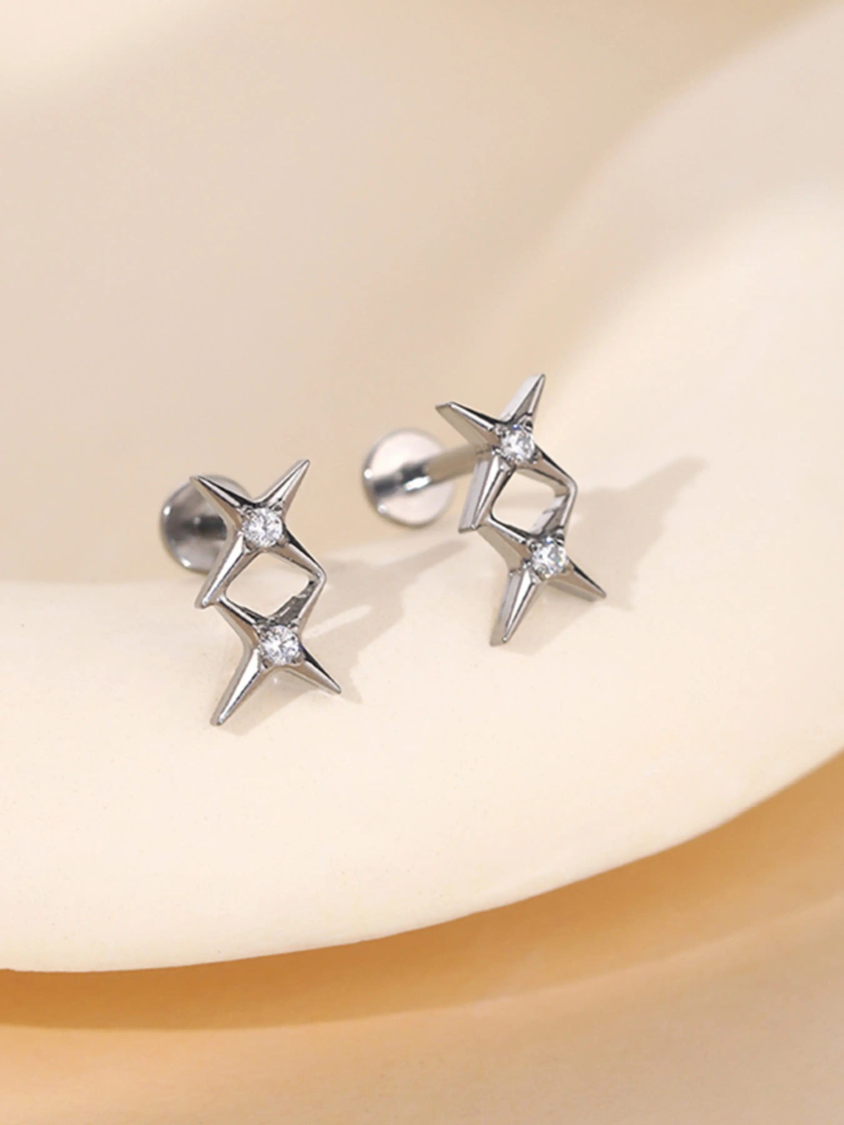 G23 Titanium Double Star Labret Stud Earrings for Women, Internally Threaded Cartilage Tragus Helix Piercings, Punk Style Body Jewelry