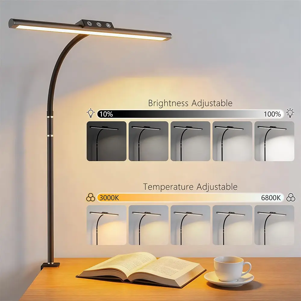 LED Desk Lamp for Home Office, Flexible Gooseneck Desk Lamp with Clamp, 5 Color Touch Control Stepless Dimming Adjustable Eye-Caring Desk Light with Adapter for Reading, Study, Workbench