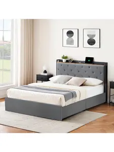 【Christmas Gift】Grey Queen size bed Full Bed Frame With 4 Storage Drawers And Charging Station, Velvet Upholstered Platform Bed Frame With Storage Headboard, USB Ports And Wooden Slats Support, No Box Spring Needed, Modern Minimalist Style