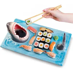 Light Blue Ceramic Shark Plate, Shark Sushi Plates, Funny Handmade Kitchen Salad Plates with Dipping Sauce Bowl, Microwave/Oven/Dishwasher Safe Plates, Holiday Birthday Gifts for Shark Party Lovers