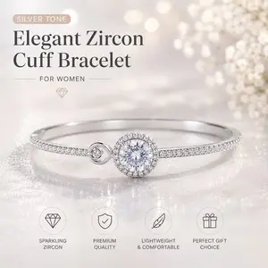 Women's Elegant Silver-Tone Zircon Cuff Bracelet, Fashion Costume Jewelry for Daily Wear, Bracelets