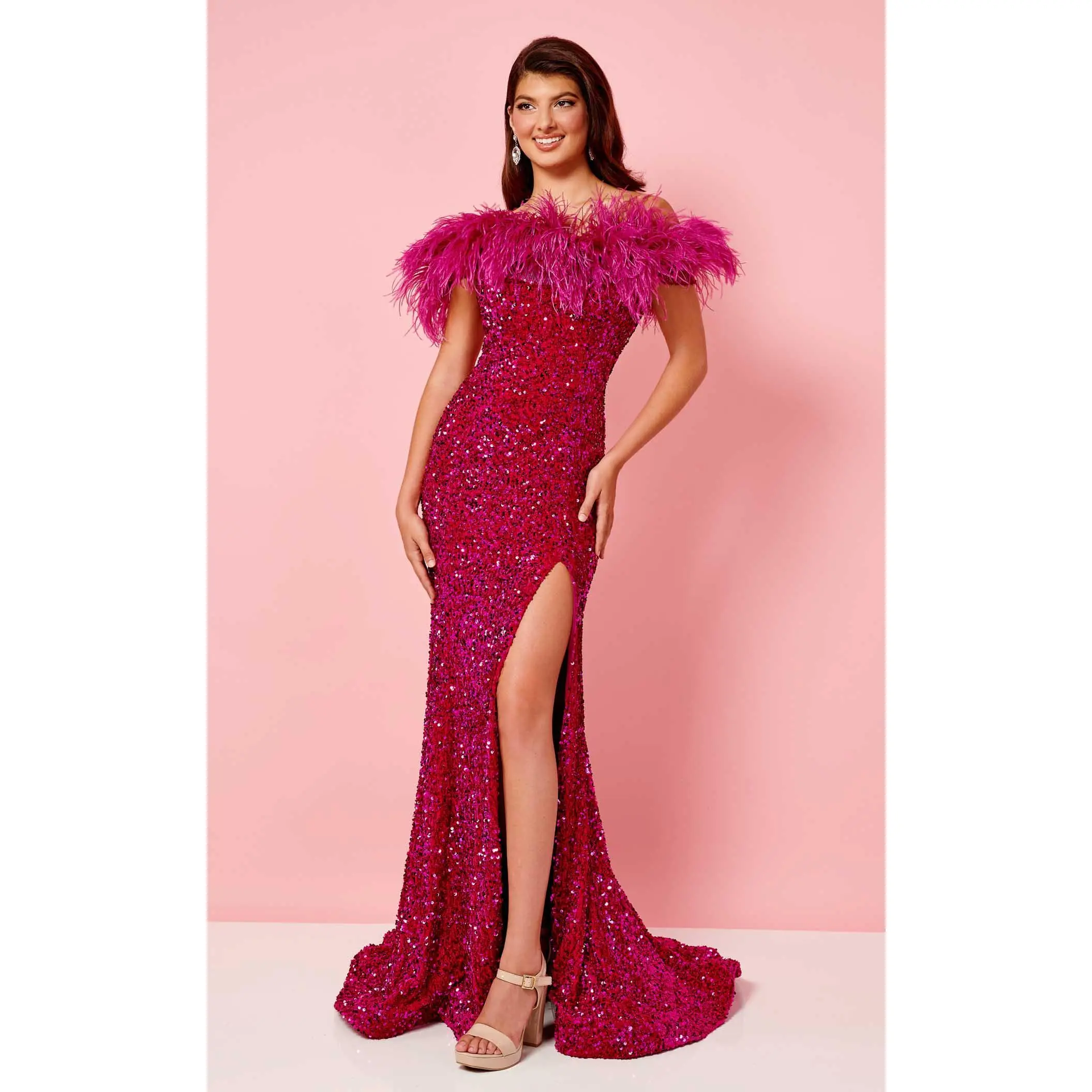 Feather Off-Shoulder Sequin Sheath Evening Gown with High Slit Prom Dress by Rachel Allan 70280