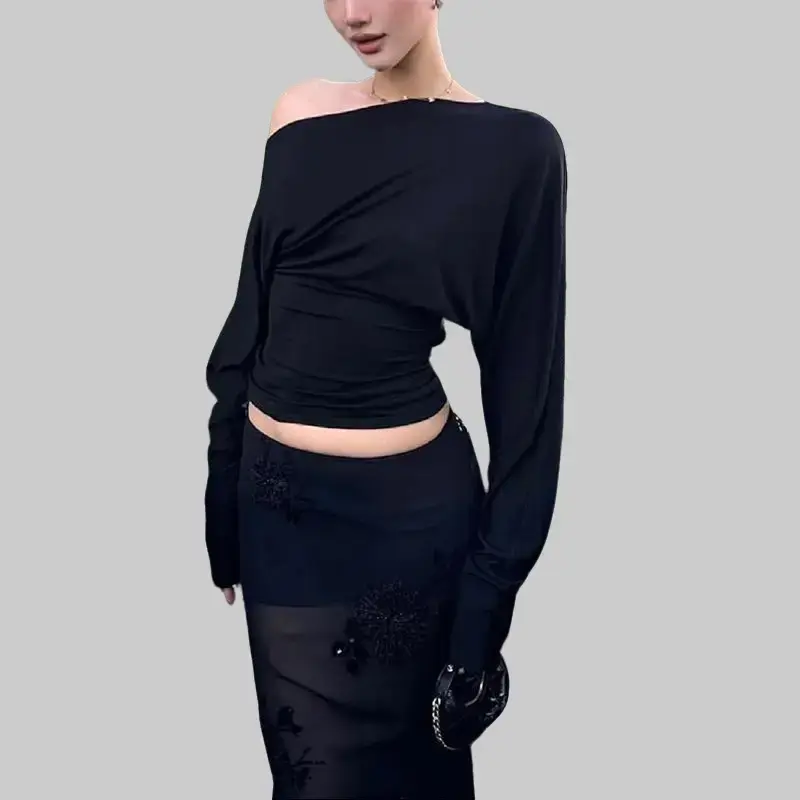 Asymmetrical Neck One-Shoulder Back Cutout Slim-Waist Long-Sleeve Crop Blouse for Women's 2025 Fall New Solid Color Casual Trendy Elegant Versatile Sexy Short Tops