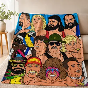 Retro Wrestling Style Graphic Throw Blanket, Funny Vintage Fighter Collage Flannel Blanket, Soft Cozy Plush Blanket for Couch Bed, Cool Gift for Men All Season