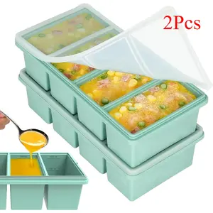 2 silicone freezer containers with lids, featuring a soup cup capacity ice tray design - leak proof, dishwasher washable, heat-resistant, and stackable, suitable for freezing meat soups, leftovers, and pre made meals