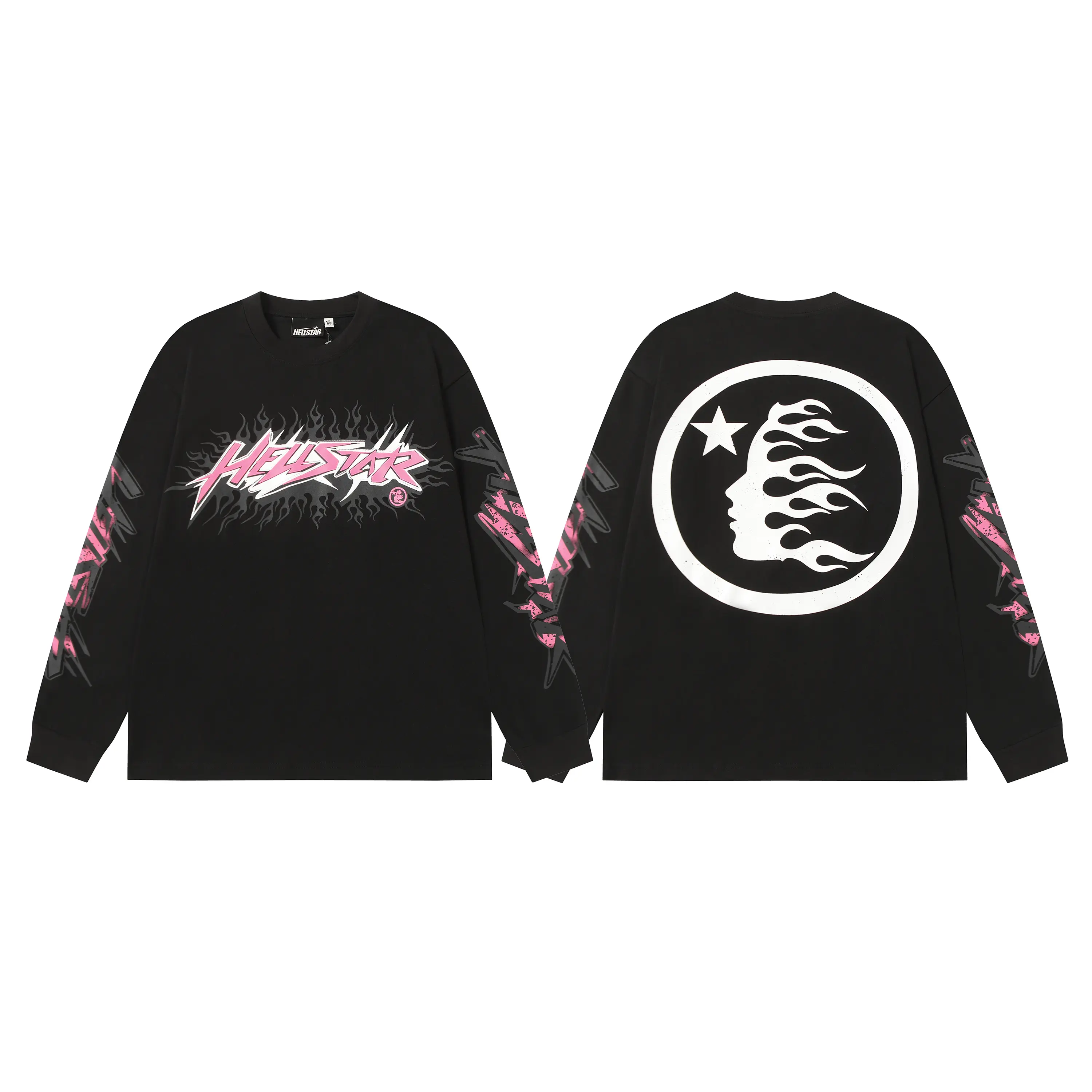 Y2K Dark Grunge Streetwear HELLSTAR Pink Thorn Flame Logo Long Sleeve Tee | Black Oversized Full Sleeve Graffiti Print Vintage Casual Top