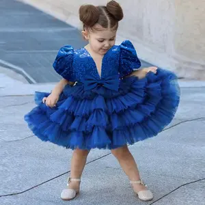 Girls' Sequin Bow Multi-Layer Tulle Adorable Birthday Princess Dress Suitable For Party Family Occasions Royal Blue Dress