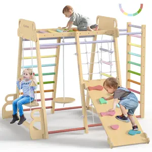 BlueWood Indoor Jungle Gym for Kids 2+, Montessori Toys, Safari-Themed Indoor Playset with Swings, Climbing Ladders, Rock Wall, Slide, and Monkey Bars – Baby Gym for Homeschooling, Sensory Play, Motor Skills & STEAM Learning Rainbow Color Gifts Set