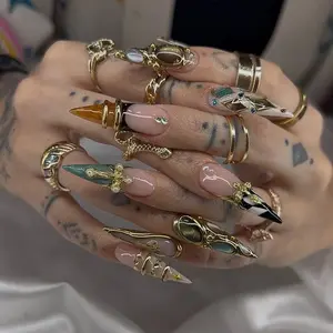Handmade Gold Armor Press On Nails | Luxury Stiletto Nails With Metallic Details | Vintage Gothic Statement Nail Set