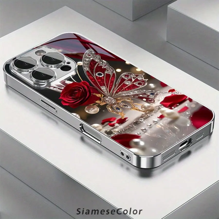 Red Rose & Butterfly Pattern Smartphone Case - Anti-Slip Grip, Lightweight, Unisex Fit Protector for iPhone 16 Pro Max,15,14 Plus,13,12,11 Mobile Phone Accessory