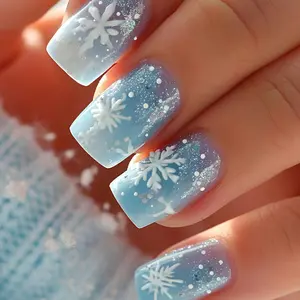 24 Pieces Snowflake Glitter Nail Stickers Set - Short Square Light Blue Gradient to White Glossy Fake Nails with Snowflake Tips, Suitable for Christmas, New Year Party, Easy Application Set for Nail Art (Pre-made Boxed Set)