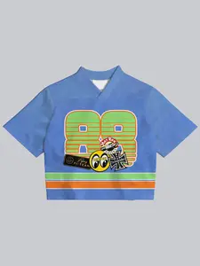 Vintage 90s Racing Style Women's Short Sleeve Jersey, Sky Blue V-Neck Mesh Top, 88 Number Print, Loose-Fit Sporty Streetwear T-Shirt