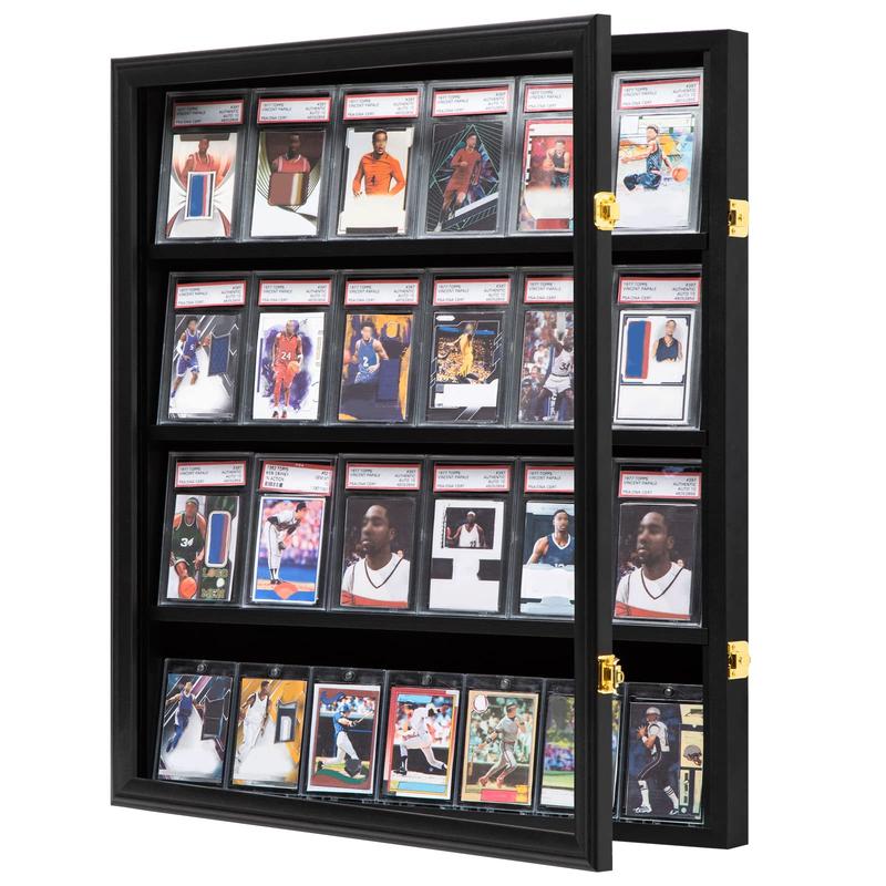 IHEIPYE Baseball Card Display Case 24 Graded Sport Card Display Case Vertical Wall Mount with Clear View and UV Protection Acrylic Door for Baseball Football Basketball Hockey Trading Card Collection, Black