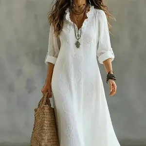 Boho Embroidered Maxi Dress - Perfect for Beach, Vacation & Brunch! Floral Embroidered V-Neck Ruffle Trim Casual Dress # MaxiDress # EmbroideredDress # BohoFashion # SummerDress # VNeckDress # Ruffle Trim # DressesForWomen # Outfit of the Day # WomensFash
