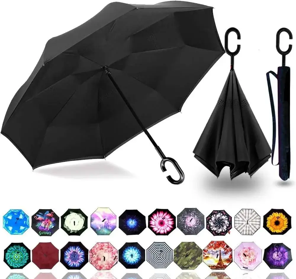 49/56 Inch Oversize Windproof Inverted Reverse Upside Down Umbrella, Golf Size Rain Umbrella, Double Layer, C-Shaped Handle for Men, Women