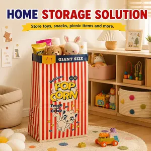 Giant Novelty Storage Bag, 29.53" x 13.78" Large Red White Striped Decorative Bag with Cute Cat Print, Oversized Reusable Tote for Movie Night, Party & Home Organization