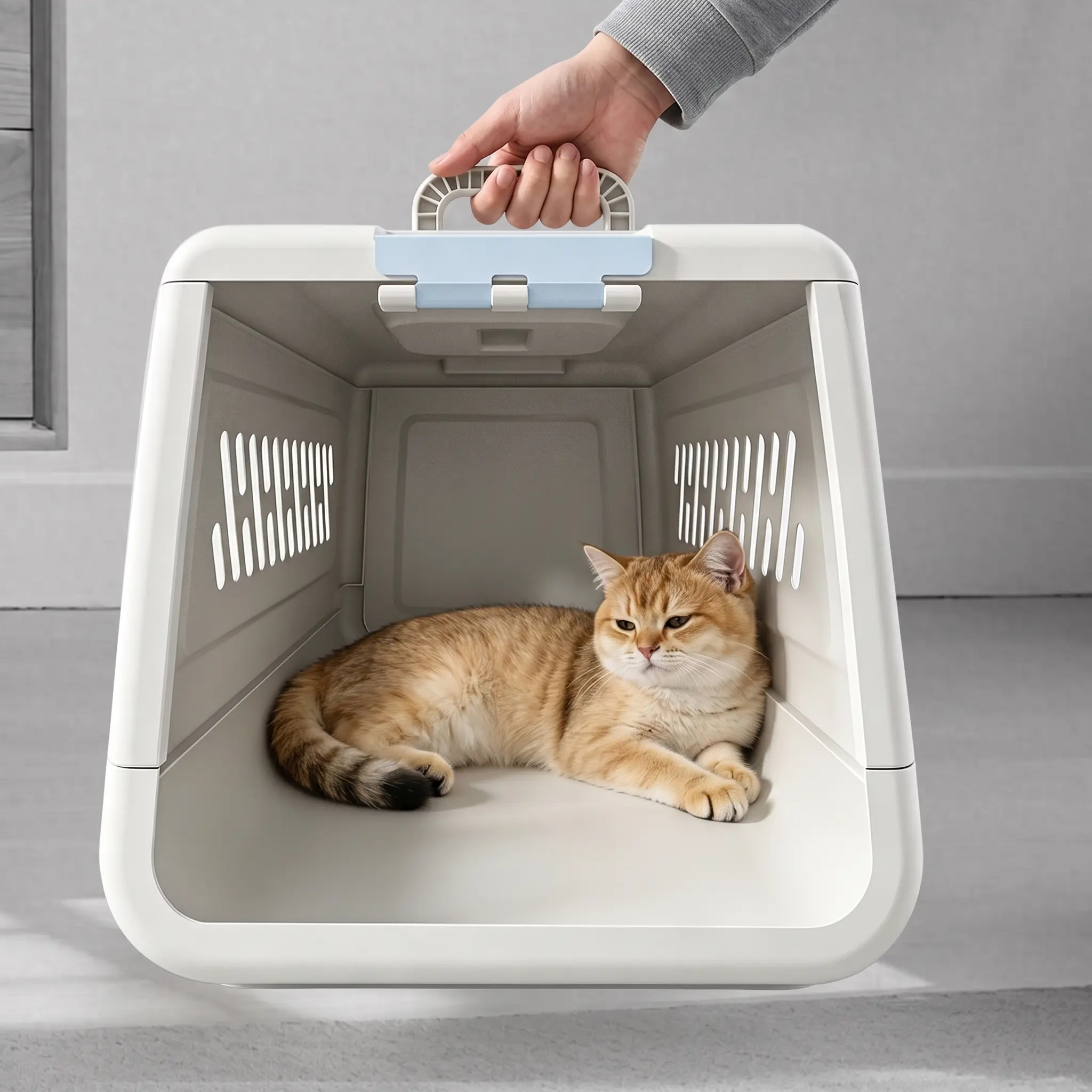 Hard Plastic Dog & Cat Travel Crate - Professional, Lockable, Large-Capacity, Foam-Padded, Portable, Ventilation System, 1-Handed Operation, Secure Car Transport, Stress-Free (Self-Pickup Only), One-Handed