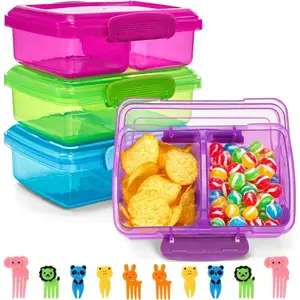 4 count 18 Oz Snack Containers with ,  2 Compartments Plastic  Container with Cute Forks,  Travel Bento Lunch Boxes for  & Adults, Dishwasher Safe