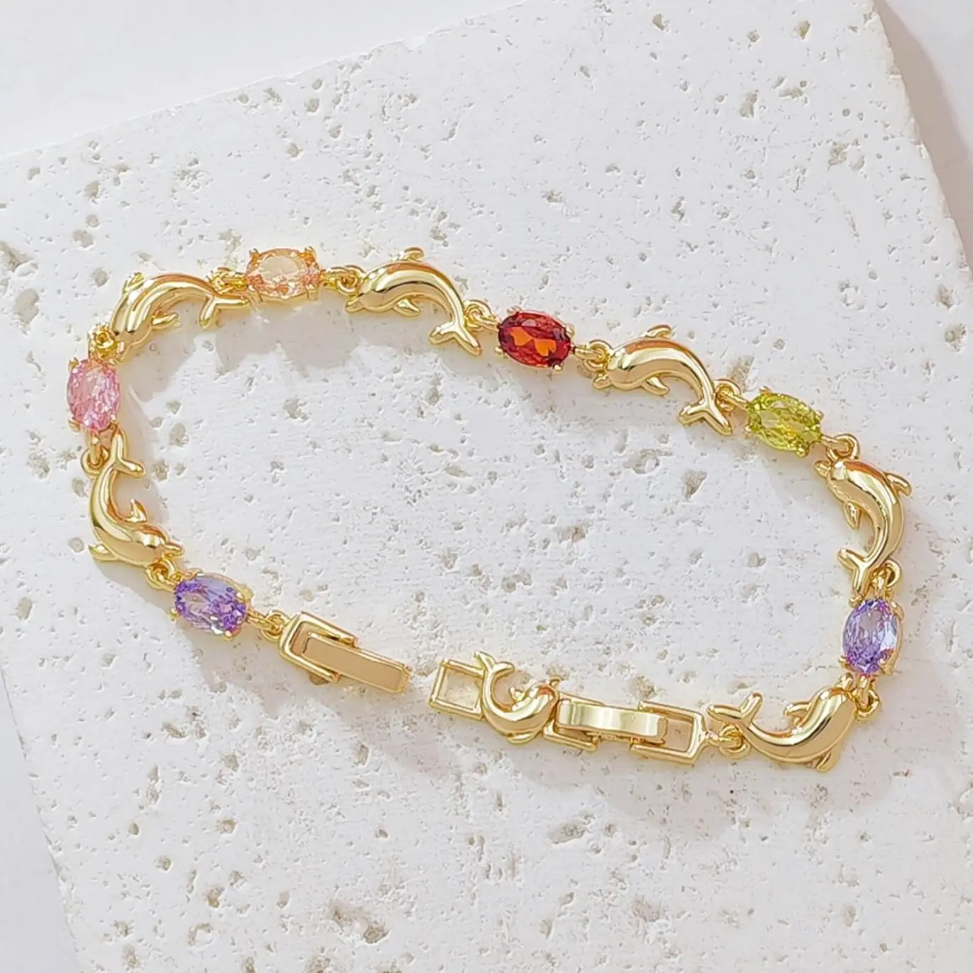 14K Gold Plated Dolphin Link Bracelet for Women, Dainty Chain Bracelet with Oval Multicolor Cubic Zirconia Charms, Ocean Animal Stackable Fashion Jewelry Gift for Summer Beach Birthday