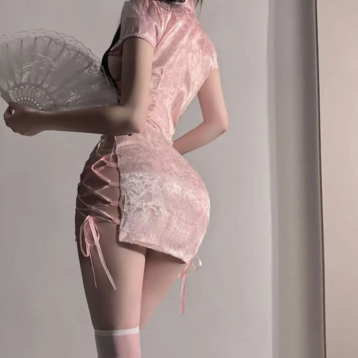 Women's Pink Bodycon Mini Cheongsam Dress - Side Tie, Elegant Traditional Piece with Flattering Fit