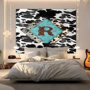 Rustic Blue Diamond Cowhide Pattern Wall Tapestry, Embossed 'R' Letter Design, Stunning Digital Print Wall Hanging for Western Aesthetic Home Decor, Perfect for Bedrooms, Living Rooms, and Cowgirl Inspired Spaces
