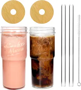 ANOTION 24oz Glass Cups with bamboo Lids and Straws 2 Packs, Travel Coffee Mug Wide Mouth Mason Jar Clear Cute Water Drinking Jars Glasses  Drinkware Bottles Set Tumbler