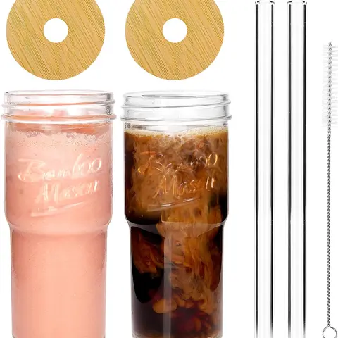 ANOTION 24oz Glass Cups with bamboo Lids and Straws 2 Packs, Travel Coffee Mug Wide Mouth Mason Jar Clear Cute Water Drinking Jars Glasses  Drinkware Bottles Set Tumbler