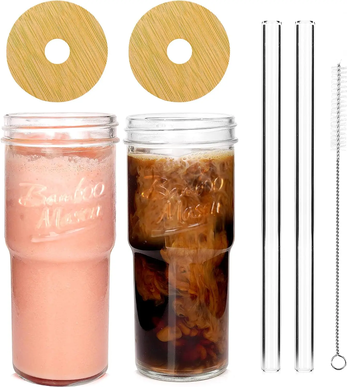 ANOTION 24oz Glass Cups with bamboo Lids and Straws 2 Packs, Travel Coffee Mug Wide Mouth Mason Jar Clear Cute Water Drinking Jars Glasses Drinkware